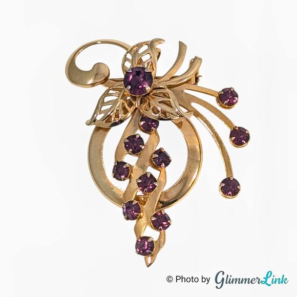 Vintage 1950s Purple Rhinestone Floral Spray Gold Tone Brooch Pendant - Picture 1 of 8